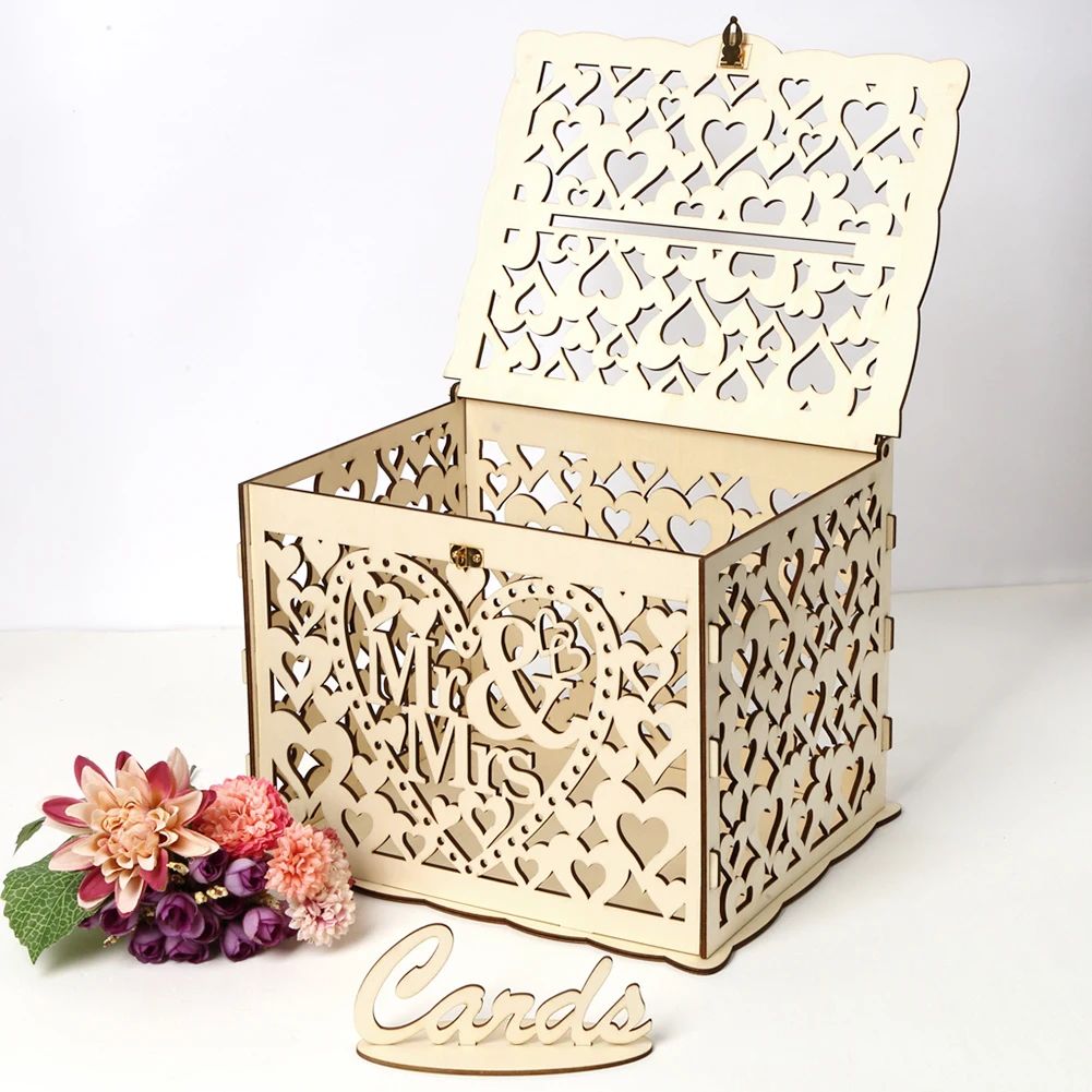 Wedding Card Box - 木製の結婚式のカードボックス、封筒のサインカード、花のパターン、DIYの装飾用品、mrとmrs