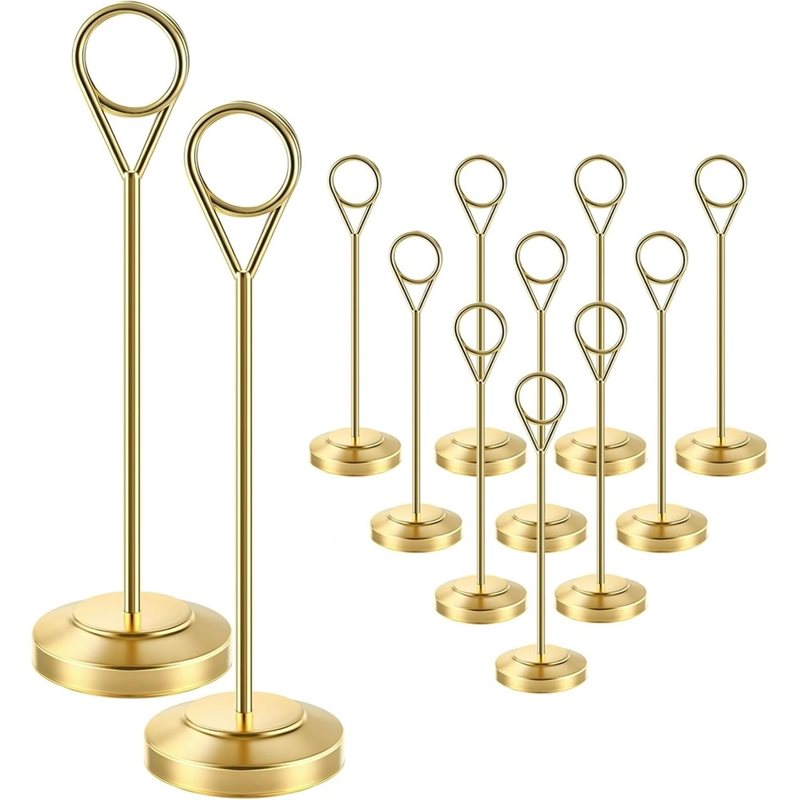 Table Number Gold - LLCS-12個入りゴールドテーブルナンバーホルダー - 高さ6インチのテーブル用プレースカードホルダー、転倒防止ベース付きの丈夫な写真ホルダー